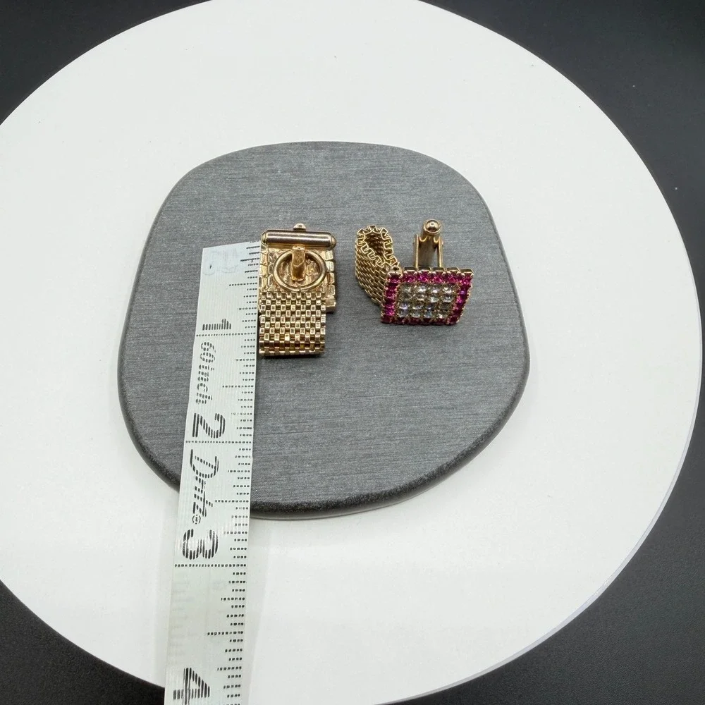 Gold Tone Pink Clear Rhinestone Square Wraparound Mesh Cufflinks Formal Jewelry